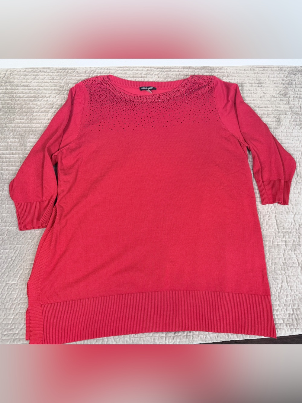 CABLE & GAUGE Women's Red Boat Neck Sweater  Black‎ Rhinestone Plus Size 1X NWOT
